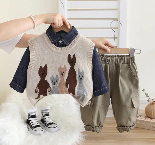 🧸 Cute Animal Crew Sweater & Cargo Pants 🫶